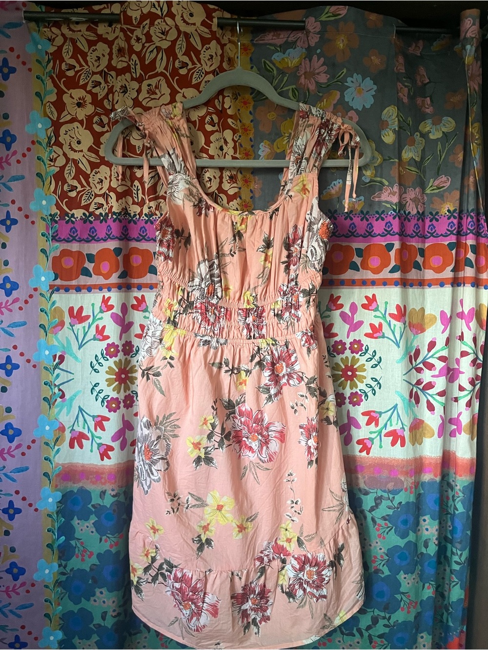 Maurices Boho Peach Floral Cotton Blend Tie-Shoulder Midi Dress Size XS - Picture 2 of 8